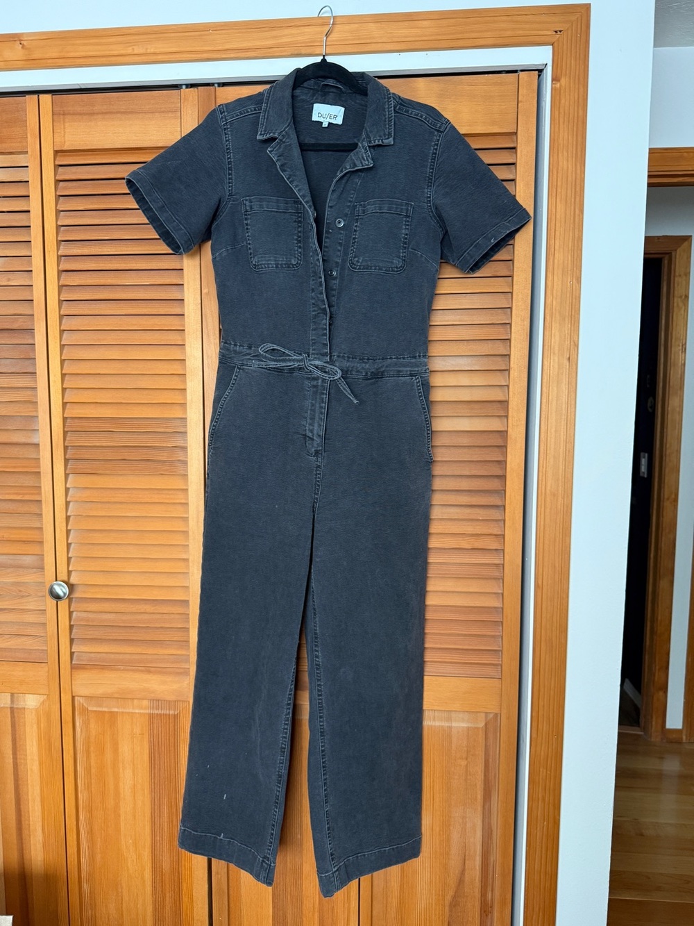 Duer Short-Sleeve Black Denim Jumpsuit Romper